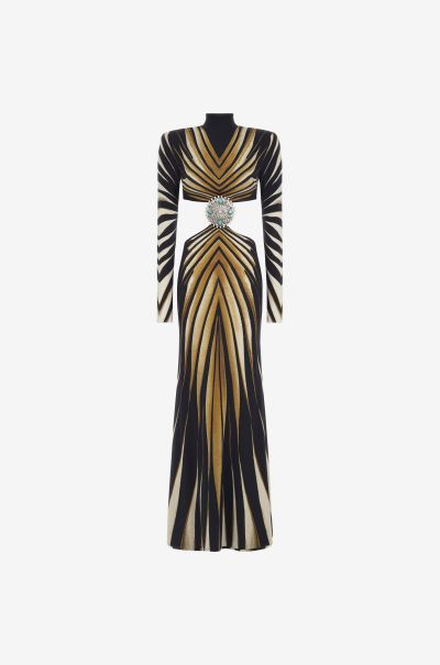 Dresses Women Giallo_Sen Cut-Out Knit Dress With Ray Of Gold Print Roberto Cavalli
