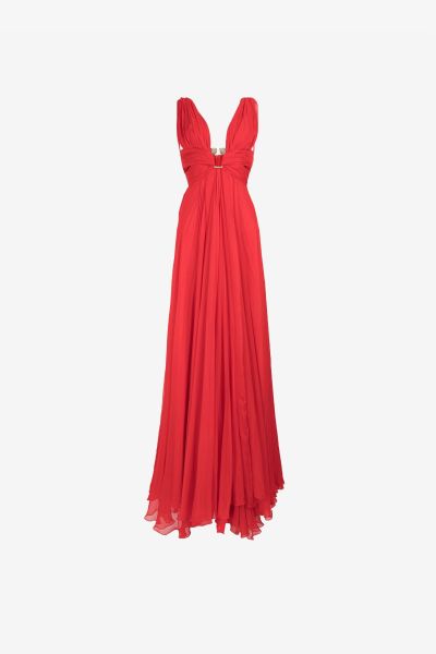 Red Roberto Cavalli Brooch-Detail Draped Dress Women Dresses