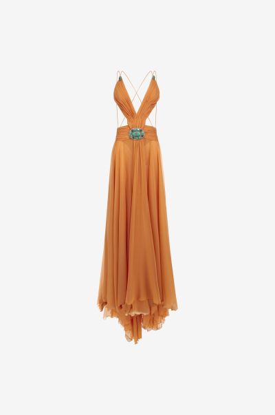 Orange Roberto Cavalli Women Dresses Long Silk Dress With Cut-Out