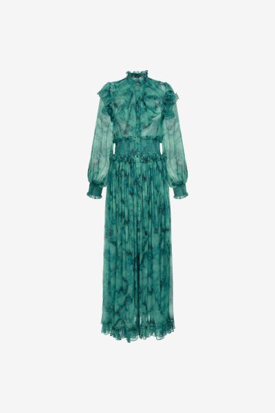 Long Silk Dress With Marble Print Dresses Roberto Cavalli Oro/Turchese Women
