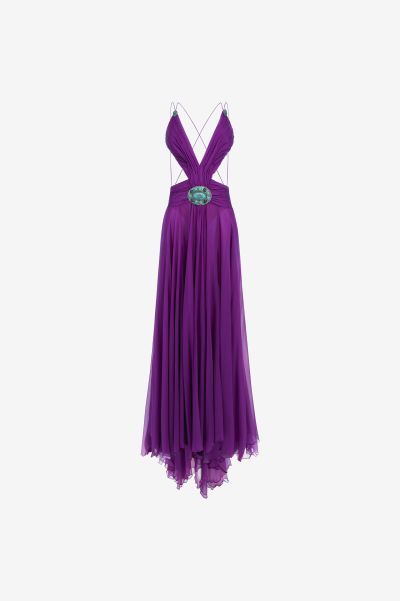 Roberto Cavalli Women Long Silk Dress With Cut-Out Purple Dresses