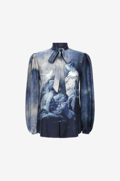 Women Denim Shirt With Denim Wild Leda Print Roberto Cavalli Blouses & Tops