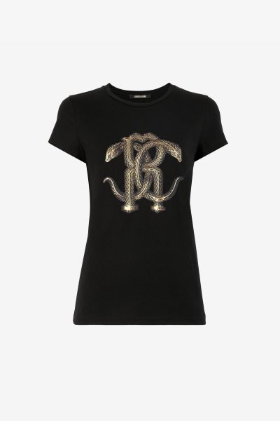 T-Shirts Roberto Cavalli Women Mirror Snake-Print Cotton T-Shirt Nero/Oro