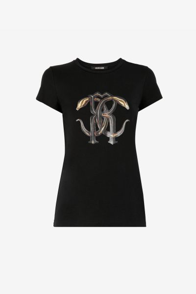 T-Shirts Mirror Snake-Print Cotton T-Shirt Women Nero/Oro Roberto Cavalli