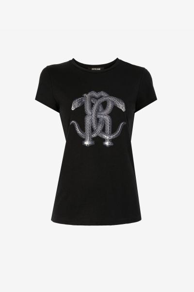 Roberto Cavalli Women Nero/Argento T-Shirts Mirror Snake-Print Cotton T-Shirt