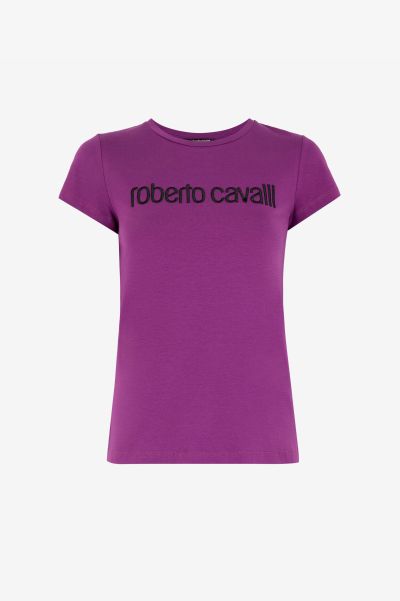 Roberto Cavalli Purple T-Shirts Logo-Embroidered T-Shirt Women