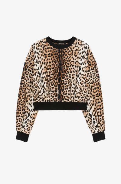 Jaguar-Print Cotton Sweatshirt Naturale Sweatshirts Women Roberto Cavalli