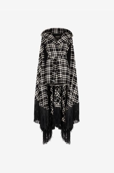 Black/White Fringe-Trimmed Plaid Hooded Cape Roberto Cavalli Women Coats & Jackets
