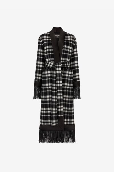 Roberto Cavalli Coats & Jackets Women Fringe-Trimmed Plaid Wrap Coat Grigio