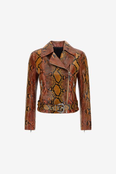 Roberto Cavalli Coats & Jackets Snake Leather Jacket Women Arancio/Giallo