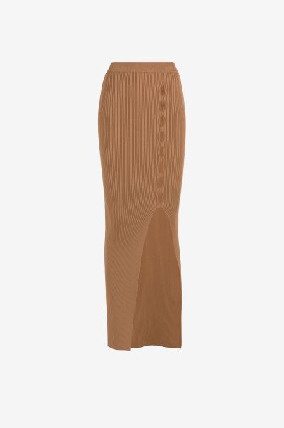 Roberto Cavalli Skirts Women Marrone Ribbed Long Skirt With Cut-Out