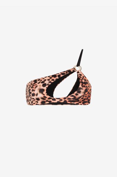 Roberto Cavalli Peach Women Beachwear Leopard-Print Single-Shoulder Bikini Top