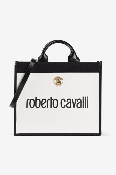 Logo-Print Tote Bag Women Bianco/Nero Top Handle Roberto Cavalli