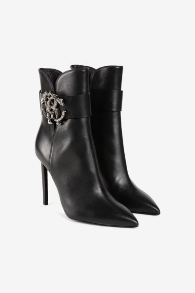 Mirror Snake Leather Boots Women Boots & Booties Nero/Argento_Old Roberto Cavalli