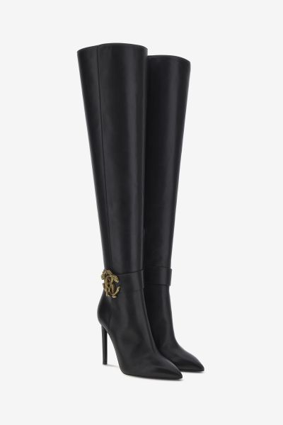 Women Knee-High Boots With Monogram Mirror Snake Boots & Booties Roberto Cavalli Nero