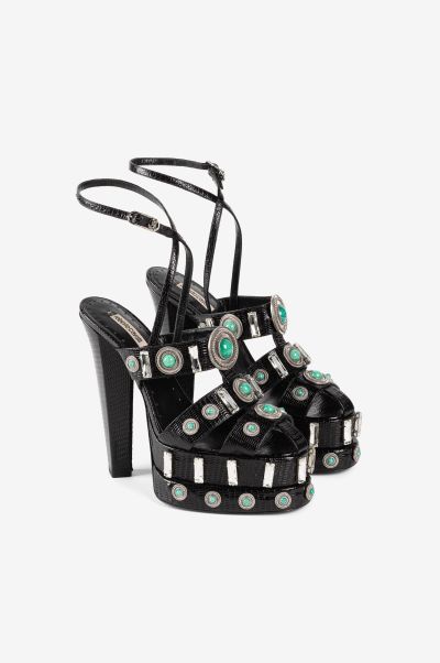 Nero/Argento_Old Pumps Women Gemstone-Detail Leather Platform Sandals Roberto Cavalli