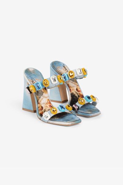 Multicolor Crystal-Embellished Graphic-Print Sandals Women Slippers & Mules Roberto Cavalli