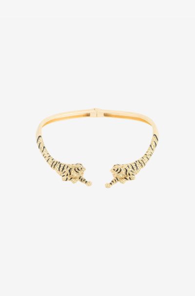 Roberto Cavalli Fashion Jewelry Women Enamelled Tiger Necklace Oro/Nero