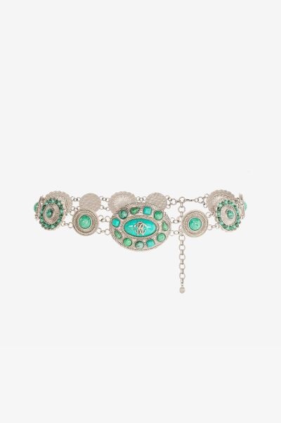 Roberto Cavalli Fashion Jewelry Women Mirror Snake-Embellished Chain Belt Argento/Turchese