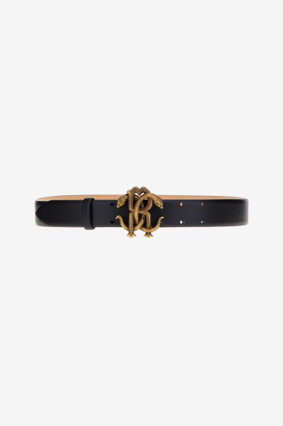 Women Belts Nero_191101 Roberto Cavalli Leather Belt With Monogram Mirror Snake