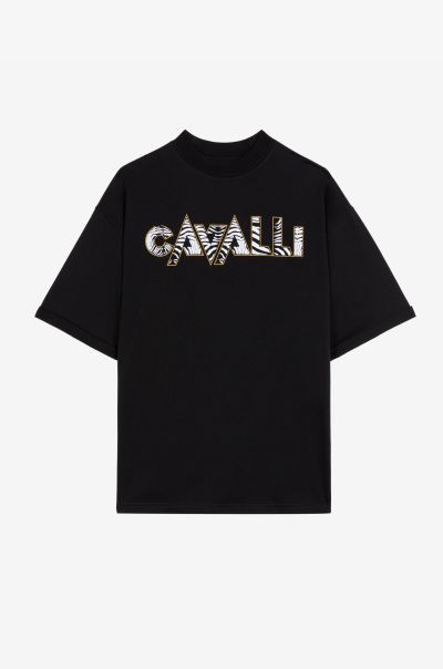 Roberto Cavalli Logo-Print Cotton T-Shirt Black Men T-Shirts & Polos