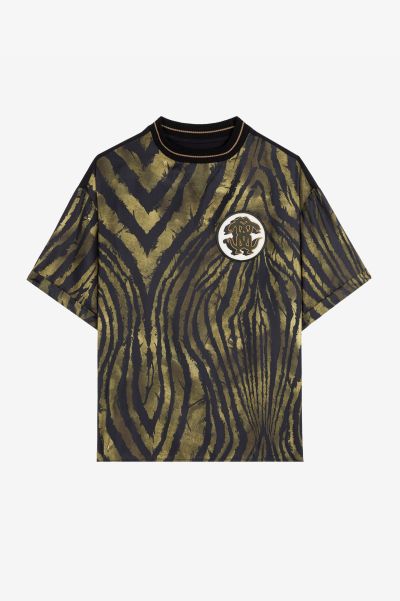 Freedom-Print Silk T-Shirt Men Roberto Cavalli Green/Black T-Shirts & Polos