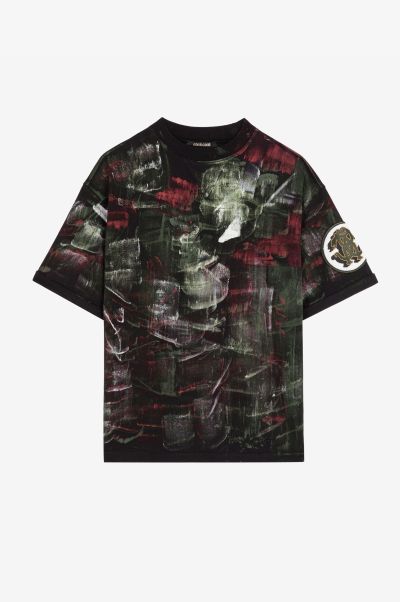 T-Shirts & Polos Men Black Paint-Effect Cotton T-Shirt Roberto Cavalli