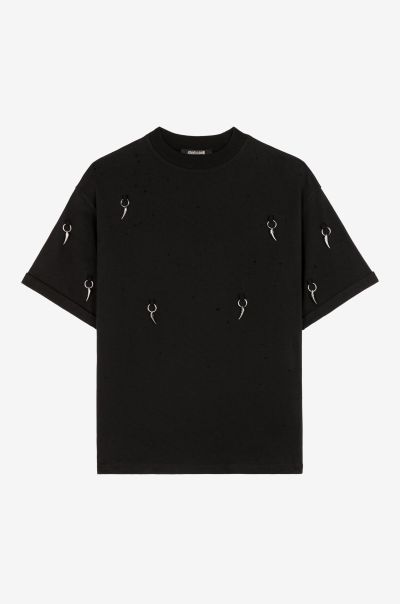 Black T-Shirts & Polos Roberto Cavalli Men Tiger Tooth Fang Embellished T-Shirt