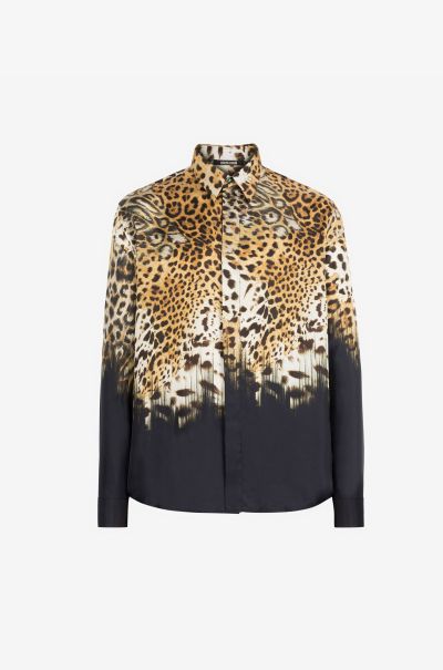 Leopard-Print Silk Shirt Shirts Men Roberto Cavalli Black
