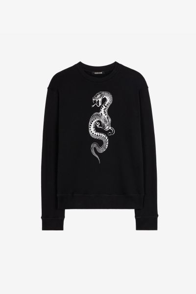 Sweatshirts Snake-Print Cotton Sweatshirt Roberto Cavalli Black Men