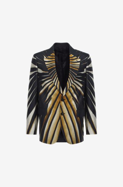 Men Roberto Cavalli Single-Breasted Blazer With Ray Of Gold Print Suits & Blazers Multicolor