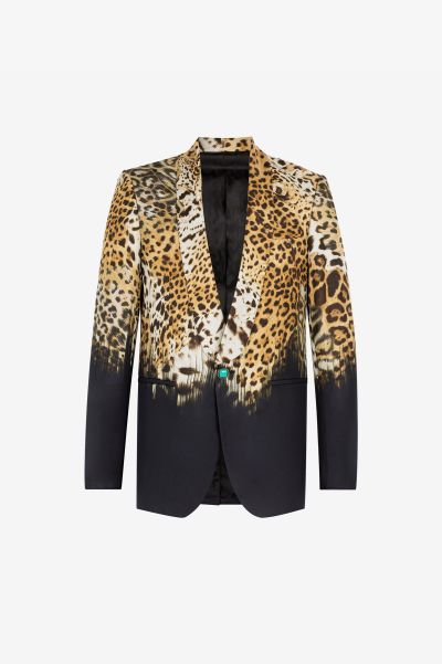 Suits & Blazers Leopard-Print Silk Blazer Roberto Cavalli Men Black