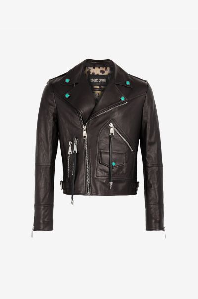 Men Roberto Cavalli Embellished Leather Biker Jacket Coats & Jackets Black