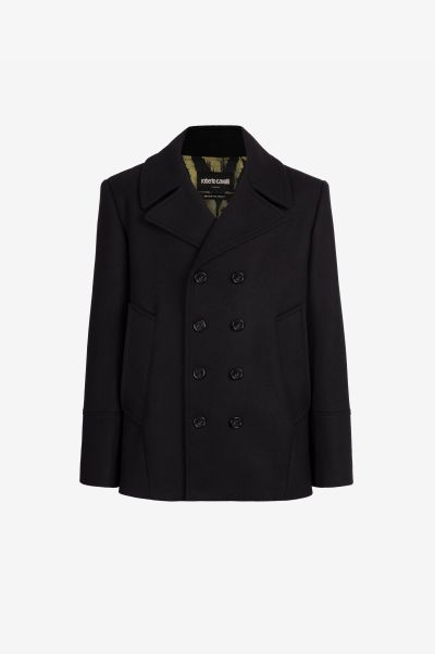Coats & Jackets Double-Breasted Pea Coat Men Black Roberto Cavalli