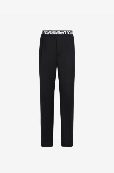 Pants & Shorts Roberto Cavalli Logo-Waistband Tailored Wool Trousers Black Men