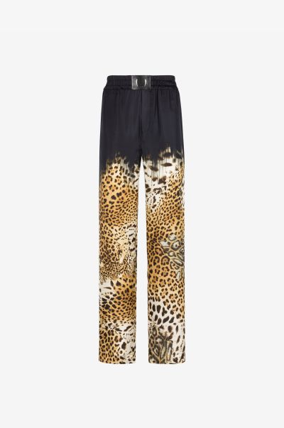 Pants & Shorts Black Leopard-Print Silk Trousers Men Roberto Cavalli