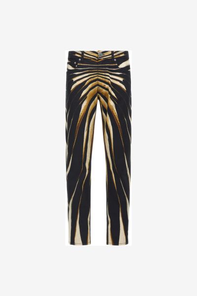 Pants & Shorts Multicolor Men Slim Fit Jeans With Ray Of Gold Print Roberto Cavalli
