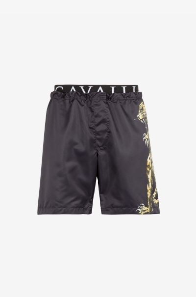 Men Beachwear Black Jaguar Print Logo-Waistband Swim Shorts Roberto Cavalli