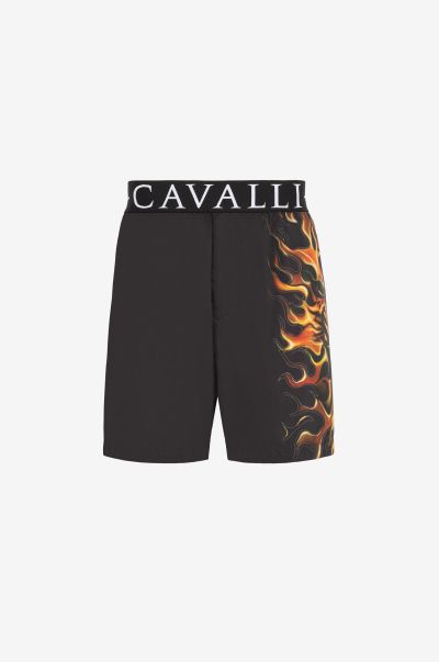 Men Flame Lion-Print Swim Shorts Black Beachwear Roberto Cavalli