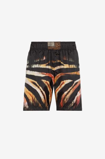 Men Beachwear Tiger-Print Swim Shorts Fire/Black Roberto Cavalli