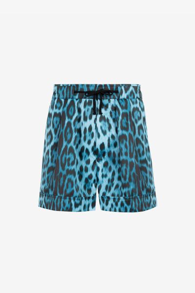 Men Roberto Cavalli Blu Beachwear Leopard Print Drawstring Swim Shorts