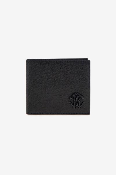 Men Roberto Cavalli Wallet With Monogram Mirror Snake Small Leather Goods Black