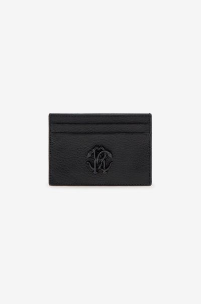 Small Leather Goods Men Black Roberto Cavalli Cardholder With Monogram Rc