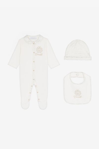 Gold_Platinum Ready To Wear Rc Monogram-Embroidered Cotton Babygrow Set New Born Roberto Cavalli