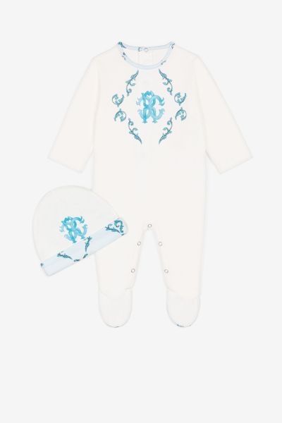 New Born Roberto Cavalli Baby_Blue Monogram-Pattern Cotton Babygrow Set Ready To Wear