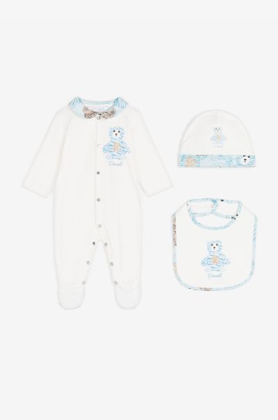 Teddy Bear-Print Cotton Babygrow Set New Born Roberto Cavalli Ready To Wear Milky_White