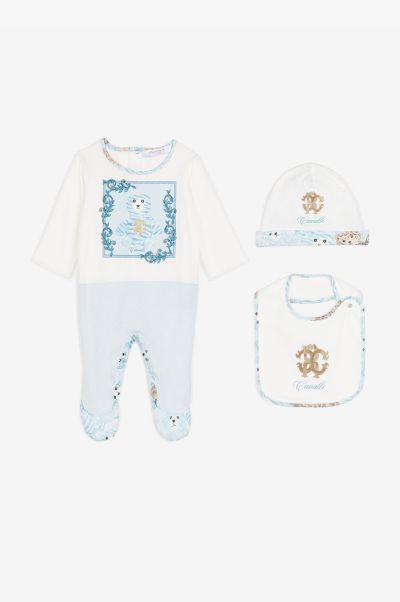 New Born Ready To Wear Rc Monogram And Teddy Bear-Print Babygrow Set Baby_Blue Roberto Cavalli