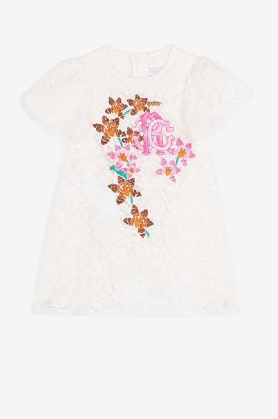 Baby Girls (1M-3Y) Milky_White Ready To Wear Roberto Cavalli Monogram-Embroidered Lace Dress