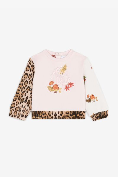 Ready To Wear Bird And Leopard-Print Cotton Sweatshirt Baby_Pink Baby Girls (1M-3Y) Roberto Cavalli