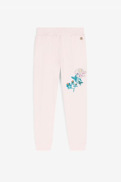 Baby_Pink Flower-Embroidered Cotton Sweatpants Roberto Cavalli Ready To Wear Girls (4-16Y)